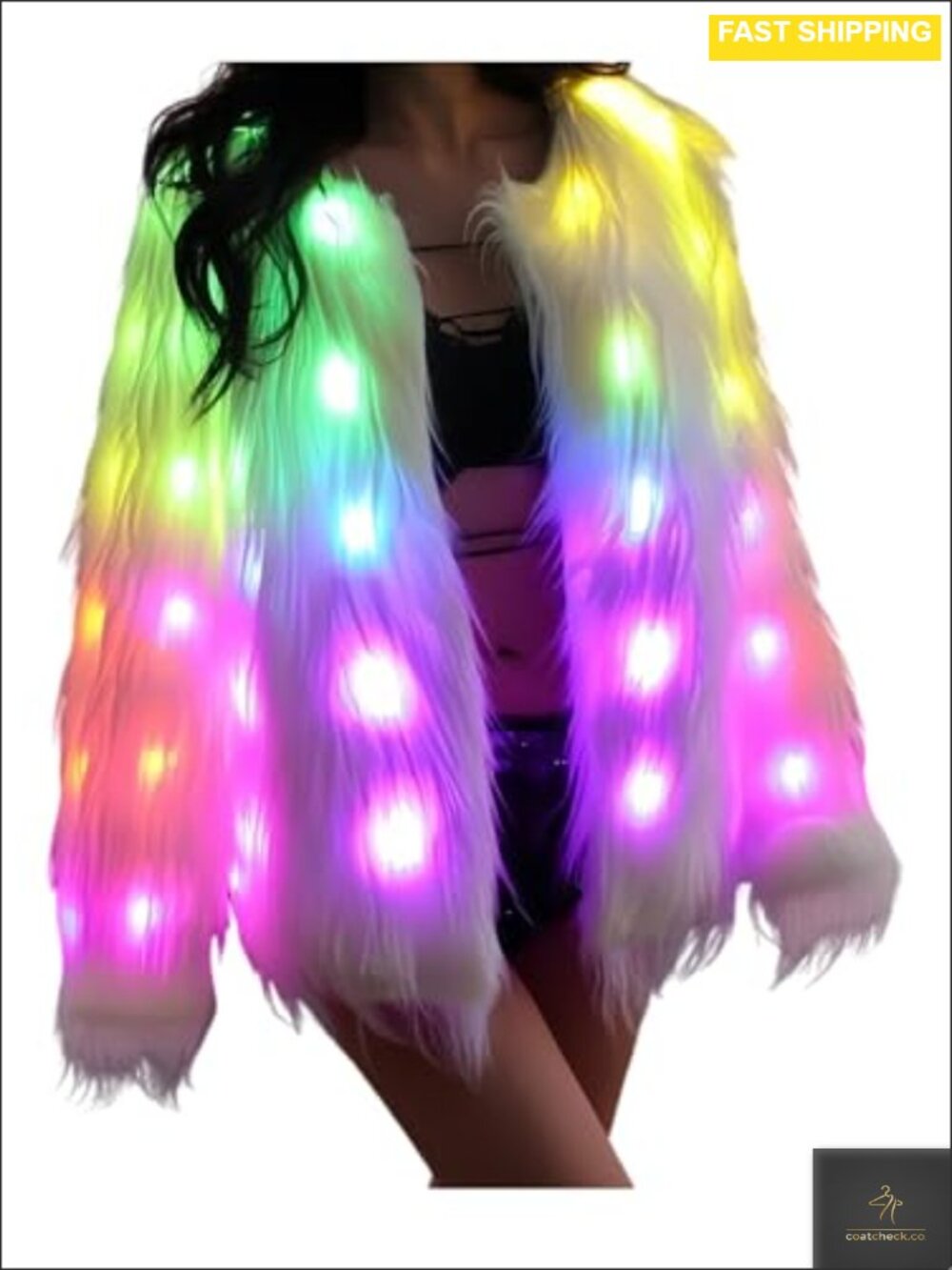 Women Faux Fur Jacket LED Light Up Coat Halloween Christmas Music Festival Party